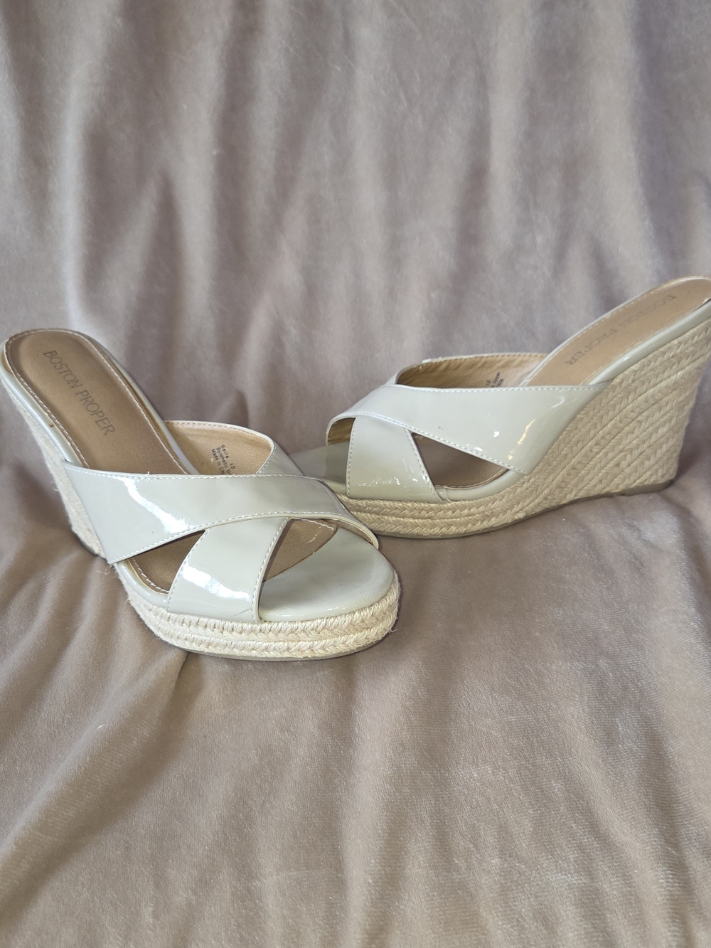Boston Proper Cream Patent Espadrille Wedge Mules
